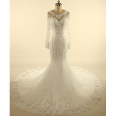 Custom Classy Trumpet Court Train Tulle Wedding Dress with Long Sleeves