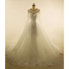 Classic Ball Gown Chapel Train Tulle Wedding Dress with Long Sleeves