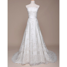 Custom Designer A-Line Strapless Court Train Satin Applique Wedding Dress