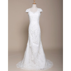 Classic Elegant Sheath Sweep Train Satin Wedding Dress with Cap Sleeves