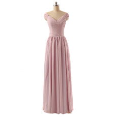 Modest V-Neck Cap Sleeves Floor Length Chiffon Bridesmaid Dress