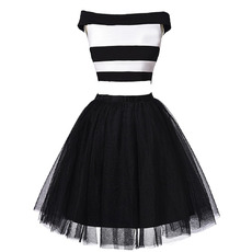 Modern Off-the-shoulder Organza Stripes White and Black Two-Piece Cocktail Dress