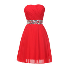 Simple Sweetheart Chiffon Lace-Up Red Cocktail Party Dress with Rhinestone