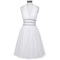 Simple Halter V-Neck Sleeveless Short White Chiffon Cocktail Party Dress