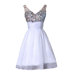 Simple V-Neck Short Organza Satin Rhinestone White Sequin Cocktail Dress