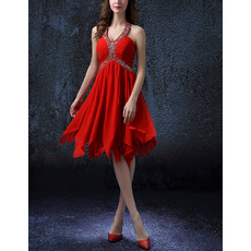 Empire Halter Sleeveless Short Red Chiffon Sequin Cocktail Party Dress