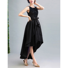 Designer High-Low Satin Black Lace-Up Formal Cocktail Party Dress