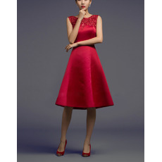 Classic Simple A-Line Knee Length Red Satin Embroidery Midi Cocktail Party Dress