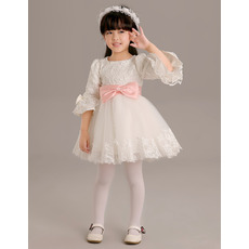 Little Girls Adorable Short Flower Girl Dress with 3/4 Long Sleeves and Sashes