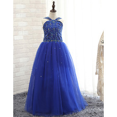Pretty Ball Gown Floor Length Sequin Blue Little Girls Party Dress