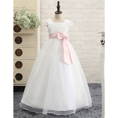 Girls Lovely Princess White Long First Communion Dress with Cap Sleeves and Sash