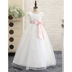 Girls Lovely Princess White Long First Communion Dress with Cap Sleeves and Sash