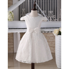 Adorable Girls Knee Length Lace White First Communion Dress with Cap Sleeves