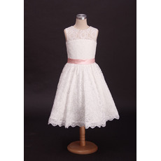 Simple Classic A-Line Tea Length Lace First Communion Dress with Belts