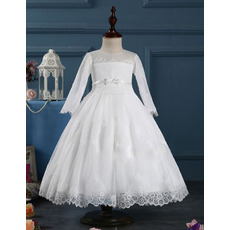 Girls Princess Ball Gown Tea Length White First Communion Dress with Long Sleeves