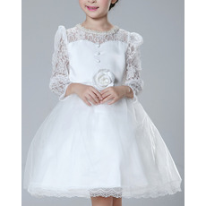 Girls Beautiful Ball Gown Long Lace Sleeves First Communion Dress with Flower