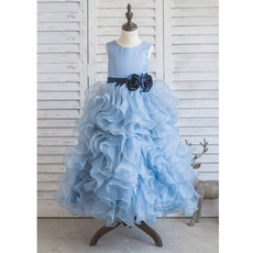 Inexpensive Long Ruffle Skirt Little Girls Party Dress with Belts