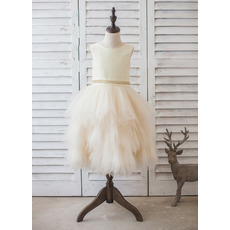 Beautiful Tea Length Satin Organza Bubble Skirt Flower Girl Dress