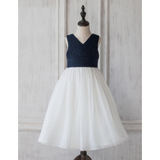 Discount Custom V-Neck Sleeveless Tea Length Organza Pleated Flower Girl Dress