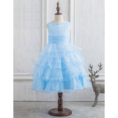 Custom Ball Gown Tea Length Organza Layered Skirt Flower Girl Dress