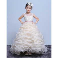 Stunning Sweep Train Ruffle Skirt Flower Girl Dress with Belts