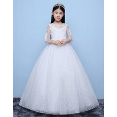 Pretty Ball Gown Floor Length Lace Flower Girl Dress with Long Sleeves