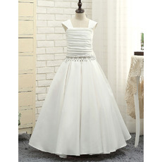 Inexpensive A-Line Long Satin White Flower Girl/ First Communion Dress