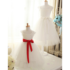 Pretty Kid's A-Line Square Satin Tulle Flower Girl Dress with Sashes