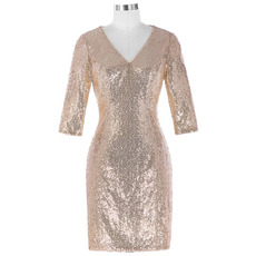 Inexpensive V-Neck Knee Length Sequin Mother Formal Dress with 3/4 Long Sleeves