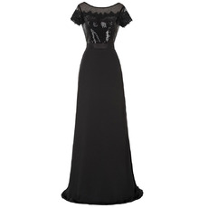 Classy Full Length Chiffon Sequin Black Mother Formal Dress with Short Sleeves