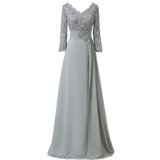 Modest V-Neck Full Length Chiffon Mother Formal Dress with 3/4 Long Sleeves