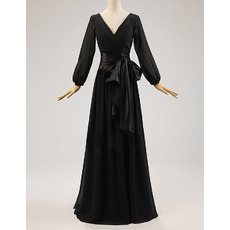 Simple V-Neck Black Long Chiffon Mother Formal Dress with Long Sleeves