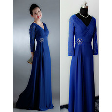 Modest V-Neck Full Length Chiffon Formal Mother Dress with 3/4 Long Sleeves