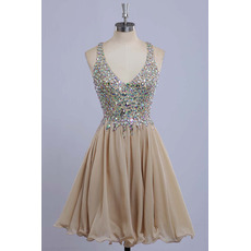 Designer V-Neck Mini/ Short Chiffon Rhinestone Formal Homecoming Dress