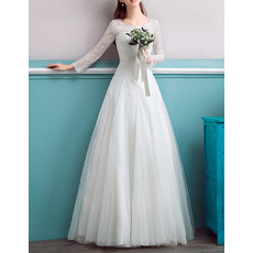 Simple Full Length Lace Wedding Dress with Long Lace Sleeves