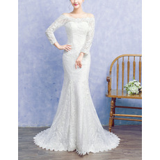 Inexpensive Classy Off-the-shoulder Lace Wedding Dress with Long Sleeves