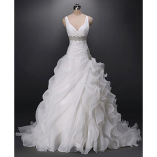 Gorgeous V-Neck Sweep Train Organza Asymmetric Ruffle Wedding Dress