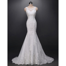 Modest Mermaid Sweep Train Satin Tulle Beading Bridal Wedding Dress