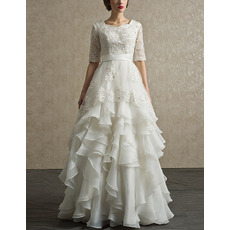 Luxury Full Length Chiffon Layered Skirt Wedding Dress with Half Sleeves