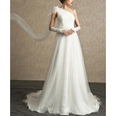 Elegant One Shoulder Sweep Train Lace Organza Wedding Dress