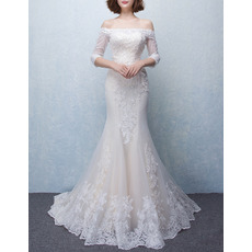 Custom Sheath Long Organza Wedding Dress with 3/4 Long Sleeves