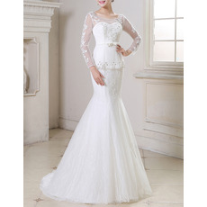 Sexy Mermaid Sweep Train Organza Wedding Dress with Long Sleeves