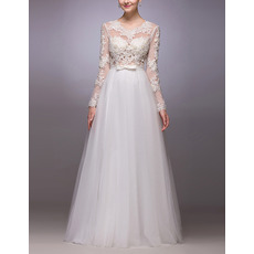 Romantic A-Line Floor Length Organza Wedding Dress with Long Sleeves