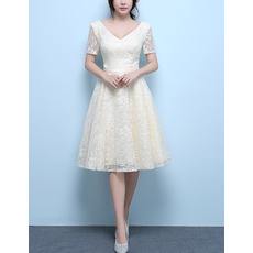 Elegant V-Neck Knee Length Lace Wedding Dress with Short Sleeves