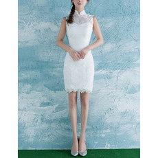 Modern Sheath Mandarin Collar Sleeveless Mini Lace Bridal Wedding Dress