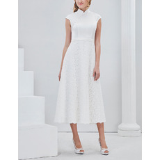 Modest Mandarin Collar Tea Length Lace Skirt Wedding Dress