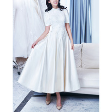 Vintage A-Line Ankle Length Satin Bridal Wedding Dress with Short Sleeves