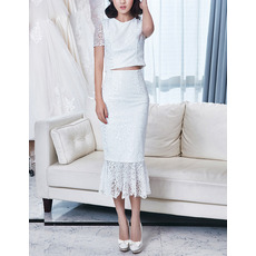 Chic Sheath Tea Length Lace Two-Piece Wedding Dress with Short Sleeves