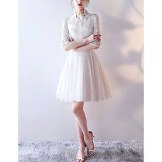 Modern Short Lace Reception Bridal Wedding Dress with Half Bell Sleeves