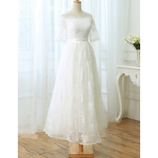 Simple Off-the-shoulder Tea Length Lace Wedding Dress with Short Sleeves
